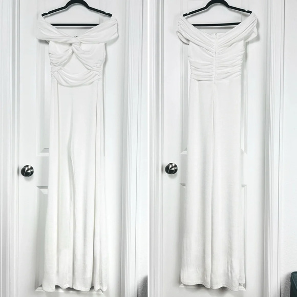 MISHA Alisa Slinky Off Shoulder Wide Leg Twist Jumpsuit in Ivory Ailsa Medium M - Picture 3 of 11